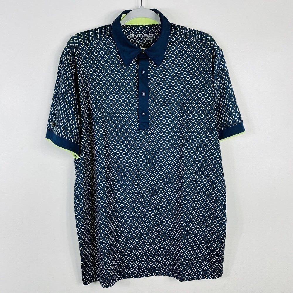 G-Mac By Kartel Size Medium Allover Diamond Print Golf Polo Navy Blue Green